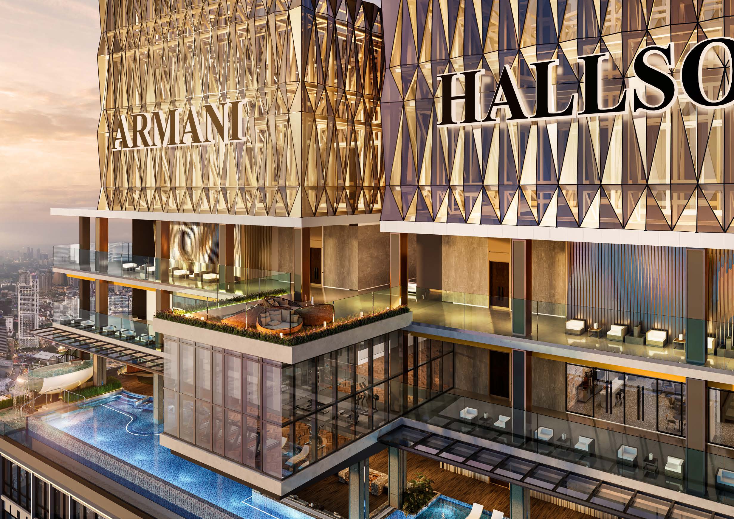 Illuminated Armani Hallson facade lettering at the building edge