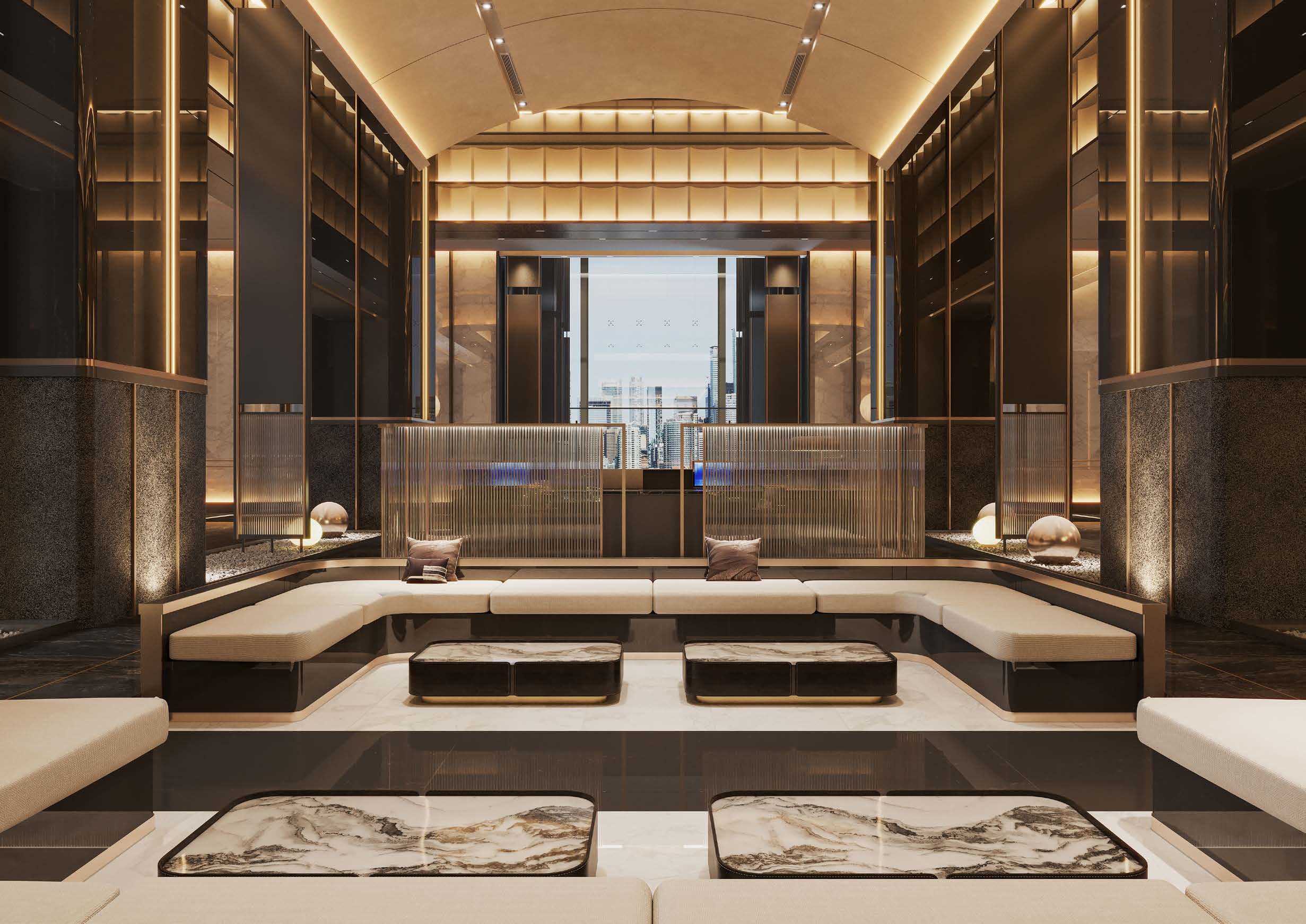 Imperial Lounge sunken seating area with a view of the Kuala Lumpur skyline through glass