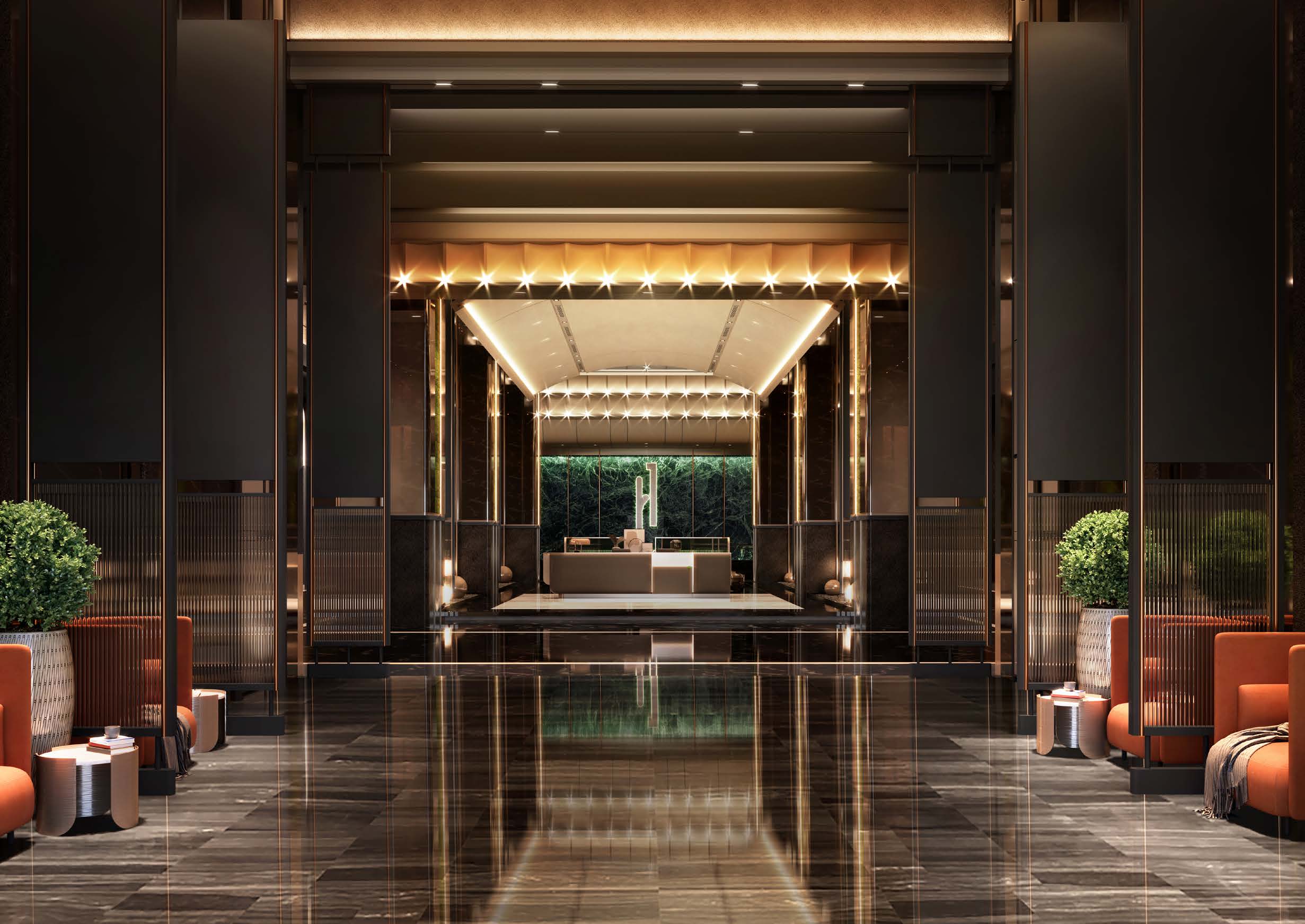 The Prestige Hallway leading toward the Grand Atrium lobby, marble corridor with warm gold lighting