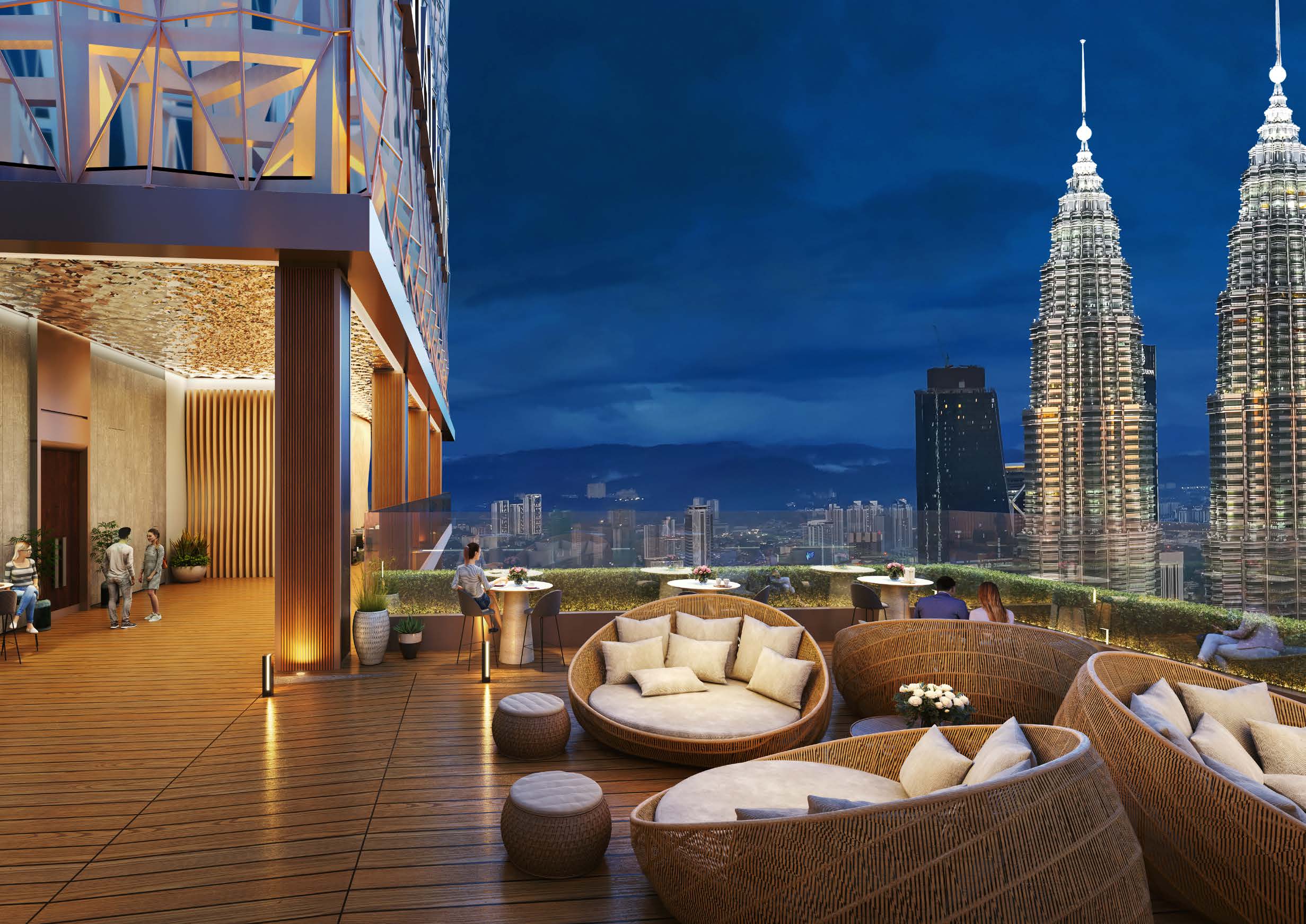 L78 Sky Deck lounge seating at night with the Petronas Twin Towers in the background