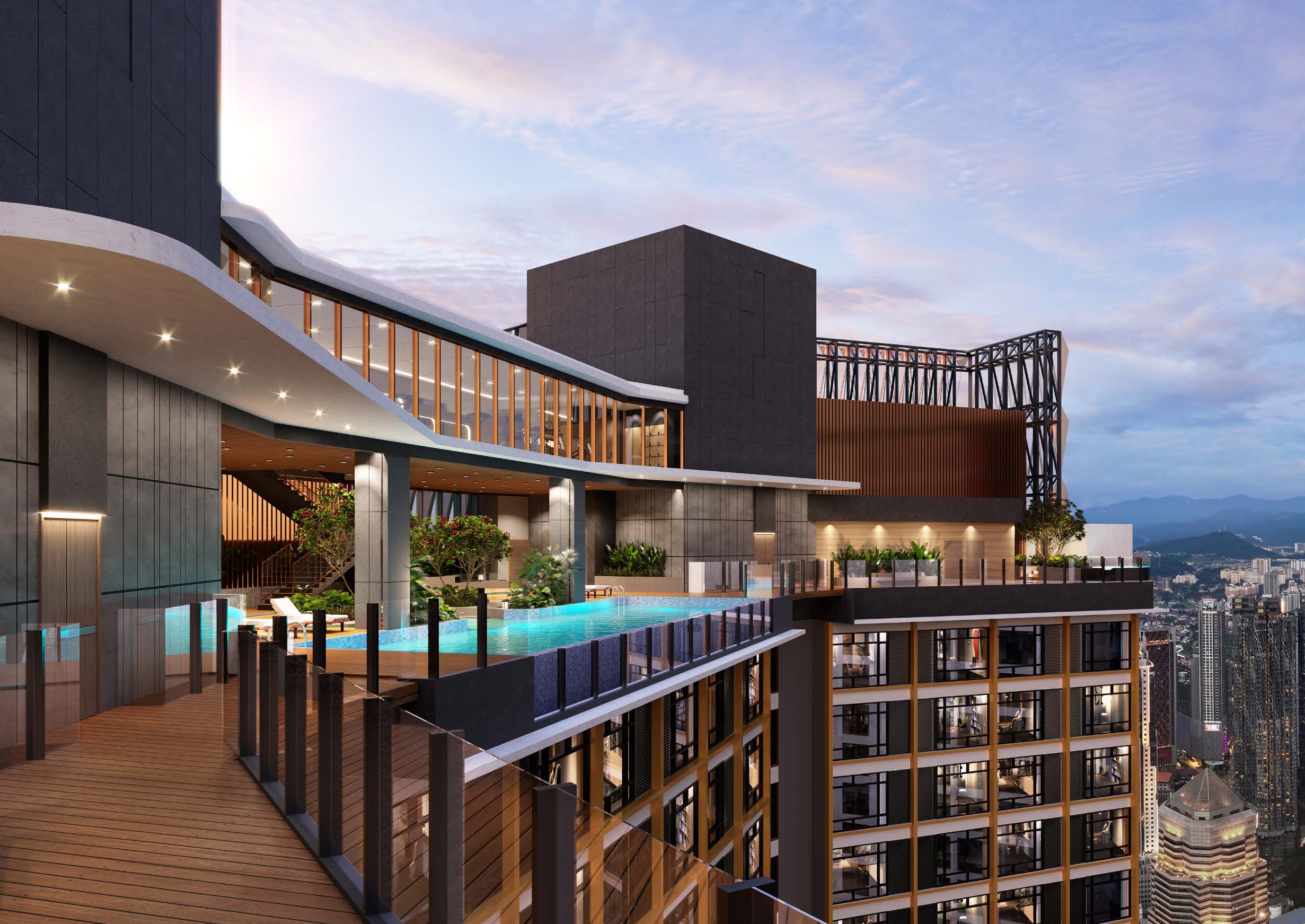 L67 Sky Pool in the SOHO tower, an infinity-edge pool cantilevered over the city at dusk